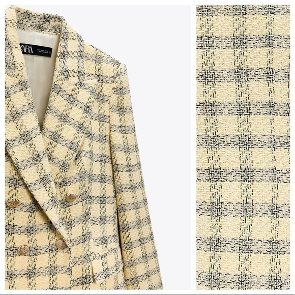NWT. Zara Yellow/Black Textured Plaid Double Breasted Blazer. Size S. - Picture 5 of 11
